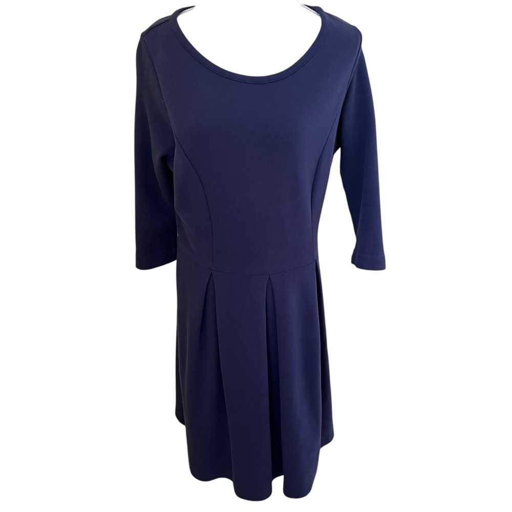 Boden Navy Blue Pique Knit Scoop Neck Box Pleated Aline Dress 14 Long